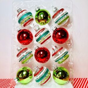 12 Tinsel Filled Glass Ball Ornaments Christmas Red Green White Silver Stripes
